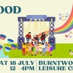 Promotional banner for the Burntwood Wakes Festival. Text reads: "BURNTWOOD TOWN COUNCIL PRESENTS BURNTWOOD WAKES FESTIVAL" in teal on a white background. A red badge states "FREE ENTRY FREE RIDES ALL WELCOME." Illustrated scene shows a band performing on a floodlit stage with a rainbow arc behind them, a crowd of diverse figures watching with arms around each other, a Ferris wheel to the right, and decorative blue flower sculptures to the left. Bottom text reads: "SAT 18 JULY 12–4PM | BURNTWOOD LEISURE CENTRE" with contact details: INFO@BURNTWOOD-TC.GOV.UK, 01543 677166, BURNTWOOD-TC.GOV.UK. Burntwood Town Council logo bottom left.