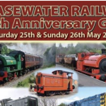 Promotional poster for the Chasewater Railway 60th Anniversary Gala, Saturday 25th and Sunday 26th May 2019. The poster features a collage of four heritage railway locomotives: a green steam engine pulling maroon coaches, a red steam engine, a small orange diesel shunter, and a blue diesel locomotive. Text is in gold and white on a dark red background.