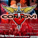Promotional gig poster for Con Jovi, billed as "The UK's No.1 Bon Jovi Soundalike Experience!" presented by T.N.T. The background shows the band performing to a red-lit crowd. The Con Jovi logo — a winged dagger through a dripping heart — dominates the centre. Four band member photos are arranged around the logo. Songs listed include: Wanted (Dead or Alive), Livin' On A Prayer, Keep The Faith, Bad Medicine, In These Arms, Bed of Roses, Runaway, Always, and many more. Text reads: "The Firs Club, Rugeley Road, Burntwood. Saturday 4th July 2026. Early Bird Tickets £12.50 (Before 1st Jan 2026). General Admission £15.00. Tickets available from the venue, www.tnt-presents.com, or scan the QR code."