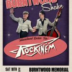 Promotional gig poster for The Burntwood Shake, billed as "A Night of Rock'n'Roll, Rockabilly & Swing!" on a vintage-style purple and cream background. Two men in matching silver-grey jackets and black trousers pose together — one waving with both hands, the other holding an upright double bass. Below them, a retro pink oval logo for Rockinem, billed as "International Rockin' Trio!" Text reads: "SAT 18th APR. Doors 7:30PM. Burntwood Memorial Community Association, Rugeley Rd, Burntwood, WS7 9BE. Tickets £13 ADV (+BF) from www.rockinem.com/burntwood or £15 on the door."