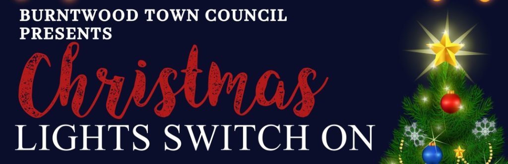 Promotional banner image on a dark navy background. Text reads: "BURNTWOOD TOWN COUNCIL PRESENTS" in white, followed by "Christmas" in large red decorative script, and "LIGHTS SWITCH ON" in bold white text. To the right, an illustrated Christmas tree decorated with red, blue and gold baubles, snowflake ornaments, gold tinsel, and a glowing gold star on top.