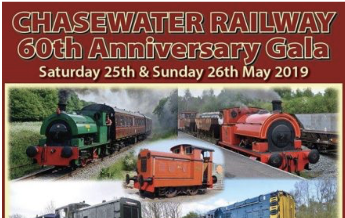 Promotional poster for the Chasewater Railway 60th Anniversary Gala, Saturday 25th and Sunday 26th May 2019. The poster features a collage of four heritage railway locomotives: a green steam engine pulling maroon coaches, a red steam engine, a small orange diesel shunter, and a blue diesel locomotive. Text is in gold and white on a dark red background.